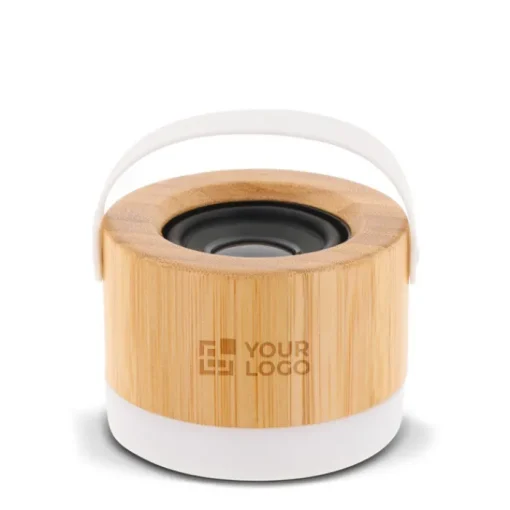 Gift Campaign Altoparlante wireless in bambù e ABS con base e manico in bianco 3W> Casse Personalizzate