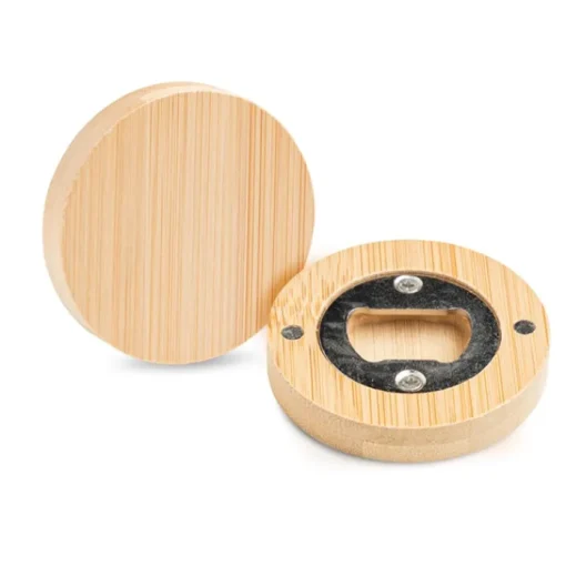 Gift Campaign Apribottiglie rotondo in acciaio inossidabile e bambù con magnete> Apribottiglie Personalizzati