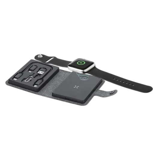 Gift Campaign Base di ricarica wireless con custodia in poliestere rPET con cavetto> Caricabatterie