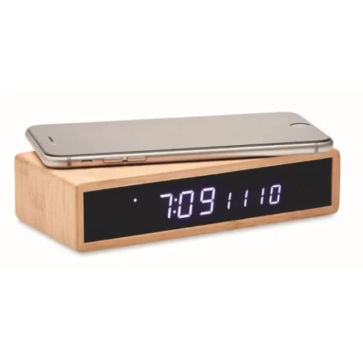 Gift Campaign Base di ricarica wireless in bambú con orologio e temperatura Time> Caricabatterie