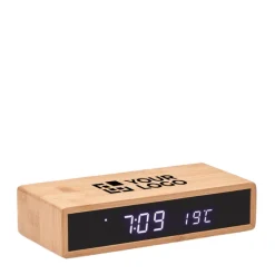 Gift Campaign Base di ricarica wireless in bambú con orologio e temperatura Time></noscript> Caricabatterie