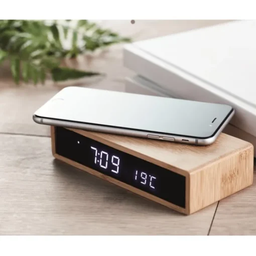 Gift Campaign Base di ricarica wireless in bambú con orologio e temperatura Time> Caricabatterie