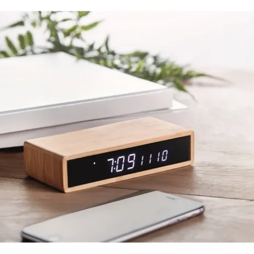 Gift Campaign Base di ricarica wireless in bambú con orologio e temperatura Time> Caricabatterie