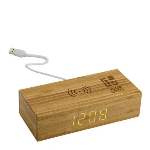 Gift Campaign Base ricarica personalizzata in bambù da 5W con orologio Desk Clock> Caricabatterie