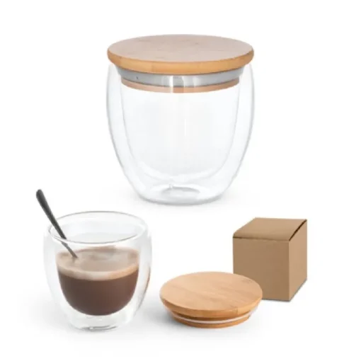 Gift Campaign Bicchiere borosilicato doppia parete tappo bambù 250ml Vacuum Small> Tazzine Da Caffè E Tazze Tè
