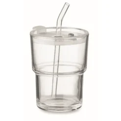 Gift Campaign Bicchiere con tappo anti goccia e cannuccia in vetro da 300ml> Bicchieri Di Vetro Personalizzati