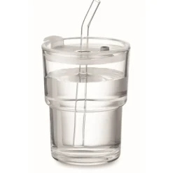 Gift Campaign Bicchiere con tappo anti goccia e cannuccia in vetro da 300ml> Bicchieri Di Vetro Personalizzati