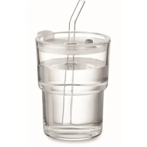 Gift Campaign Bicchiere con tappo anti goccia e cannuccia in vetro da 300ml> Bicchieri Di Vetro Personalizzati