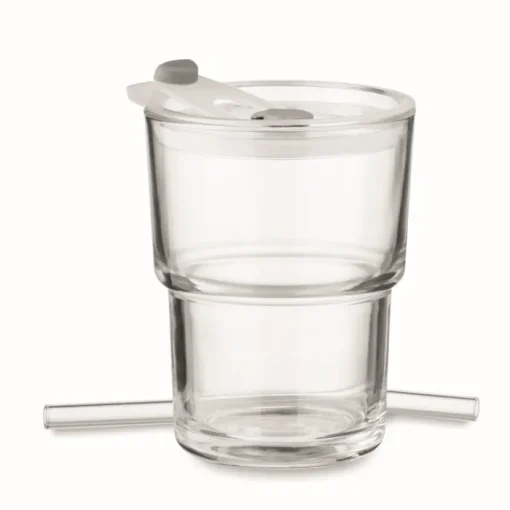 Gift Campaign Bicchiere con tappo anti goccia e cannuccia in vetro da 300ml> Bicchieri Di Vetro Personalizzati