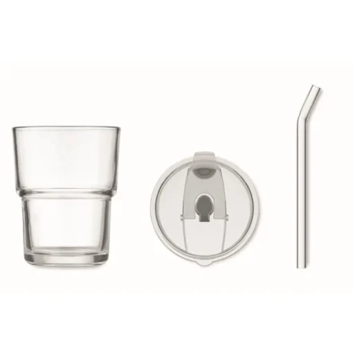 Gift Campaign Bicchiere con tappo anti goccia e cannuccia in vetro da 300ml> Bicchieri Di Vetro Personalizzati