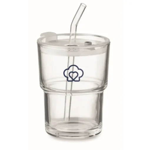 Gift Campaign Bicchiere con tappo anti goccia e cannuccia in vetro da 300ml> Bicchieri Di Vetro Personalizzati