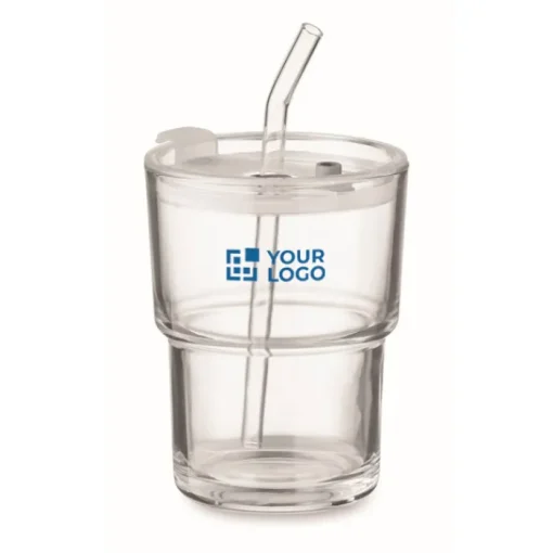 Gift Campaign Bicchiere con tappo anti goccia e cannuccia in vetro da 300ml> Bicchieri Di Vetro Personalizzati