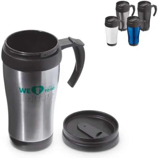 Gift Campaign Bicchiere da viaggio a doppia parete in acciaio e PP con manico 350ml> Bicchieri Termici Personalizzati