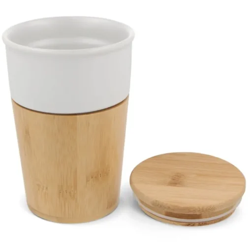 Gift Campaign Bicchiere di ceramica con dettagli in bambù e tappo a pressione 300ml> Bicchieri Take Away
