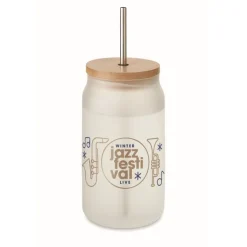 Gift Campaign Bicchiere di vetro a forma di barattolo da 400 ml con cannuccia e tappo> Bicchieri Di Vetro Personalizzati