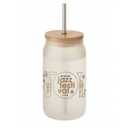 Gift Campaign Bicchiere di vetro a forma di barattolo da 400 ml con cannuccia e tappo> Bicchieri Di Vetro Personalizzati