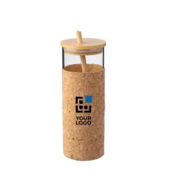 Gift Campaign Bicchiere in vetro con custodia in sughero, tappo e cannuccia in bambù da 450 ml> Bicchieri Di Vetro Personalizzati|Borracce In Vetro
