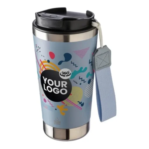 Gift Campaign Bicchiere termico con cinturino coordinato e coperchio nero da 500 ml> Bicchieri Termici Personalizzati