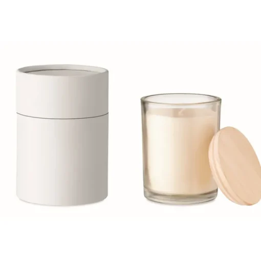 Gift Campaign Candela alla vaniglia in vasetto vetro con coperchio di bambù Scented> Candele