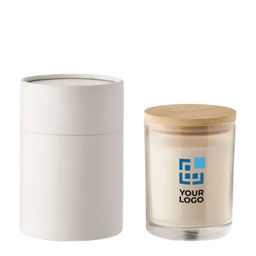 Gift Campaign Candela alla vaniglia in vasetto vetro con coperchio di bambù Scented> Candele
