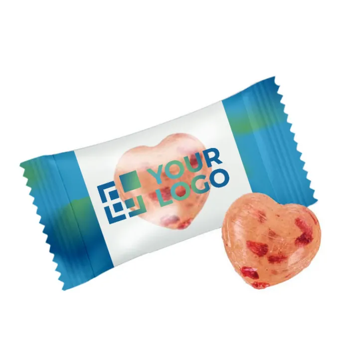Gift Campaign Caramelle cuore con pezzi di frutta o erbe aromatiche personalizzate 3g> Caramelle Personalizzate