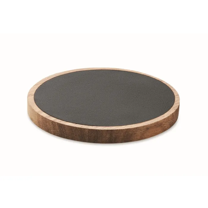 Gift Campaign Caricabatterie wireless rotondo in legno di acacia e PU riciclato 15W> Caricabatterie