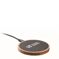 Gift Campaign Caricabatterie wireless rotondo in legno di acacia e PU riciclato 15W><noscript><img width=