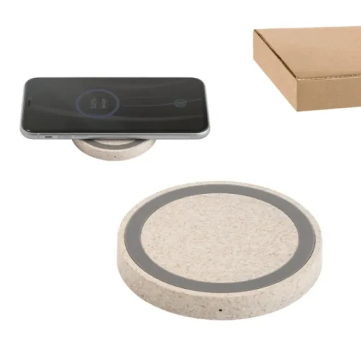 Gift Campaign Caricatore wireless rotondo in ABS e fibra di grano Natural Round Fast> Caricabatterie