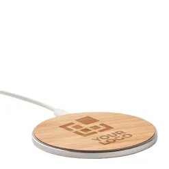 Gift Campaign Caricatore wireless rotondo a ricarica rapida in bambù e alluminio 10W></noscript> Caricabatterie