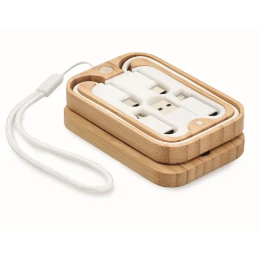 Gift Campaign Caricatore wireless 15W in scatola di bambù con cavetto e 5 connettori> Caricabatterie