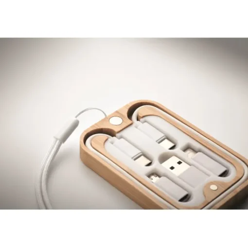 Gift Campaign Caricatore wireless 15W in scatola di bambù con cavetto e 5 connettori> Caricabatterie