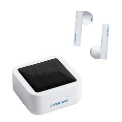 Gift Campaign Cuffiette bluetooth in custodia con pannello solare Solar Charging></noscript> Auricolari Personalizzati