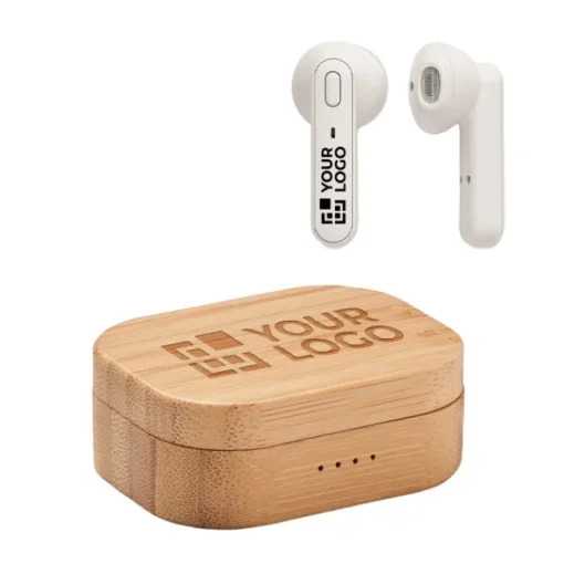 Gift Campaign Cuffiette bluetooth TWS 5 con scatolina di bambù personalizzate Blues> Auricolari Personalizzati