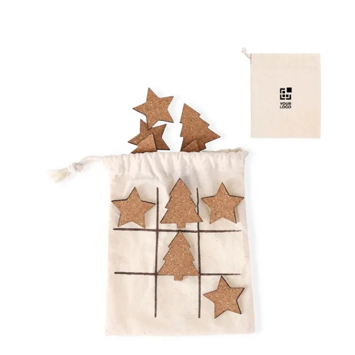 Gift Campaign Gioco del tris con pedine natalizie in sughero in sacchetto di cotone> Gadget Natalizi