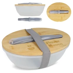 Gift Campaign Lunch box con coperchio in bambù e posate con chiusura elastica></noscript> Porta Pranzo