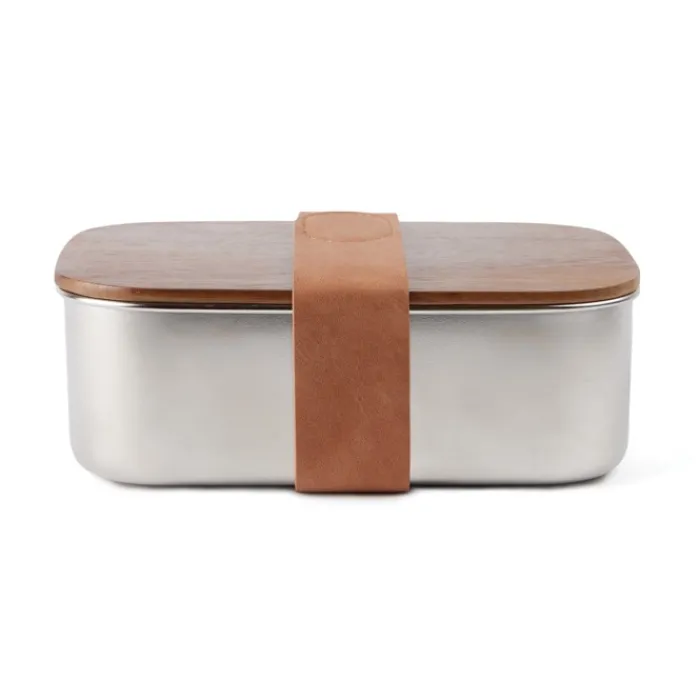 Gift Campaign Lunch box in acciaio inox riciclato con coperchio in legno e cinturino> Porta Pranzo