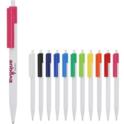 Gift Campaign Penna a scatto in plastica bianca con clip colorata e inchiostro blu> Penne Di Plastica