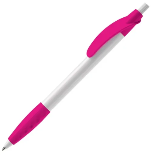 Gift Campaign Penna bianca con clip e impugnatura in gomma colorati e inchiostro blu> Penne Di Plastica