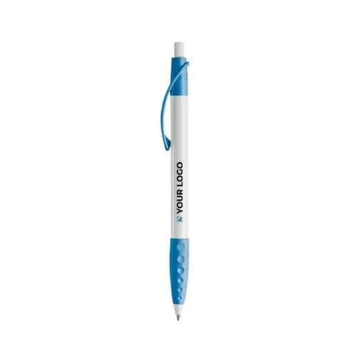 Gift Campaign Penna bianca con clip e impugnatura in gomma colorati e inchiostro blu> Penne Di Plastica