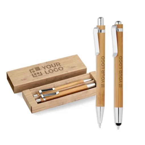 Gift Campaign Penna con inchiostro blu e Portamine con logo entrambe in Bambú> Penne Ecologiche
