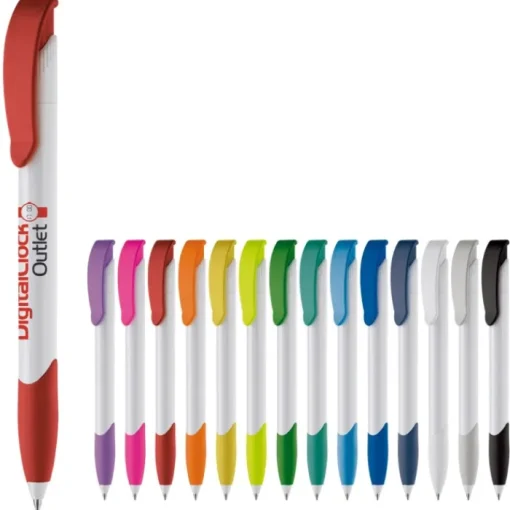 Gift Campaign Penna in plastica bianca con clip ad arco colorata e inchiostro blu> Penne Di Plastica