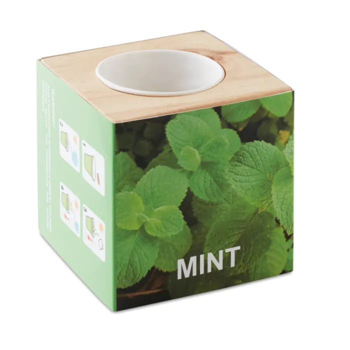 Gift Campaign Porta vaso in con logo con vasetto e semi di menta EcoMint> Vasetti Con Semi