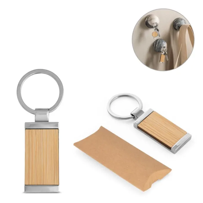 Gift Campaign Portachiavi in bambù a forma rettangolare con involucro in metallo> Portachiavi In Legno