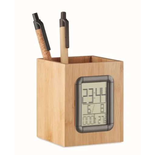 Gift Campaign Portapenne con logo in bambù con calendario ora e termometro Bamboo> Gadget Per L'Ufficio|Portapenne