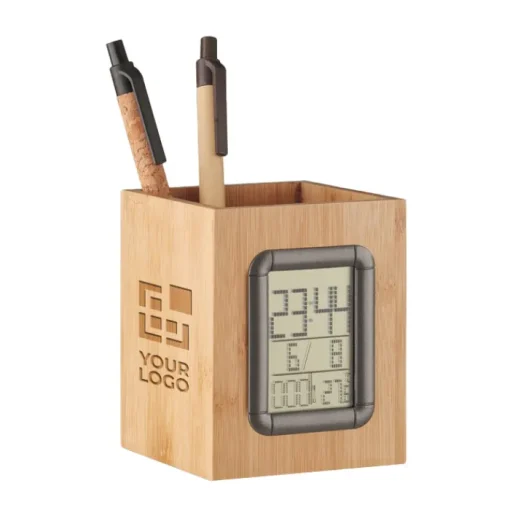 Gift Campaign Portapenne con logo in bambù con calendario ora e termometro Bamboo> Gadget Per L'Ufficio|Portapenne