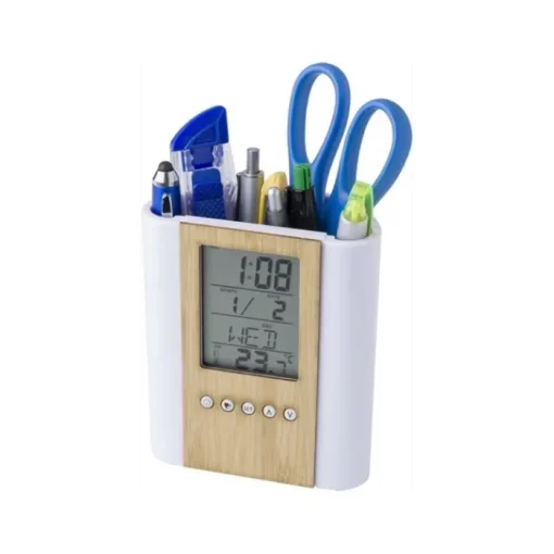 Gift Campaign Portapenne con logo in bambù e plastica con sveglia Multifunctional> Portapenne
