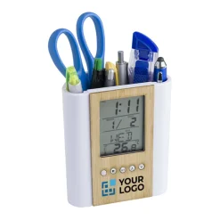 Gift Campaign Portapenne con logo in bambù e plastica con sveglia Multifunctional></noscript> Portapenne
