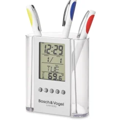 Gift Campaign Portapenne personalizzato con calendario, ora e temperatura Curve></noscript> Portapenne