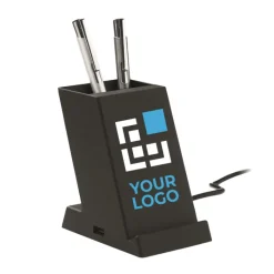 Gift Campaign Portapenne promozionale con supporto e caricabatterie wireless Tech></noscript> Portapenne