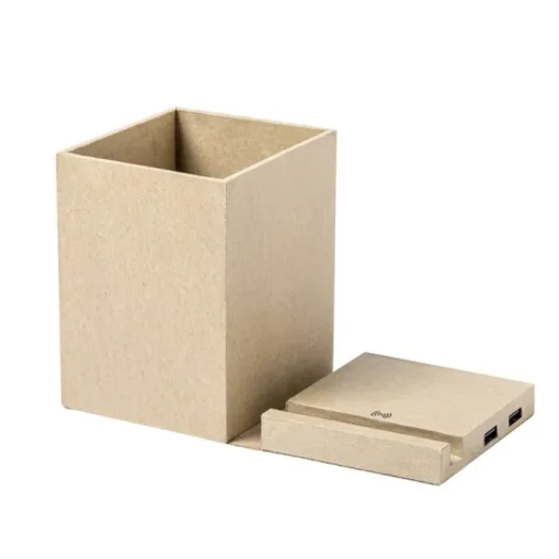 Gift Campaign Portpenne da scrivania con ricarica wireless e USB Cardboard> Portapenne